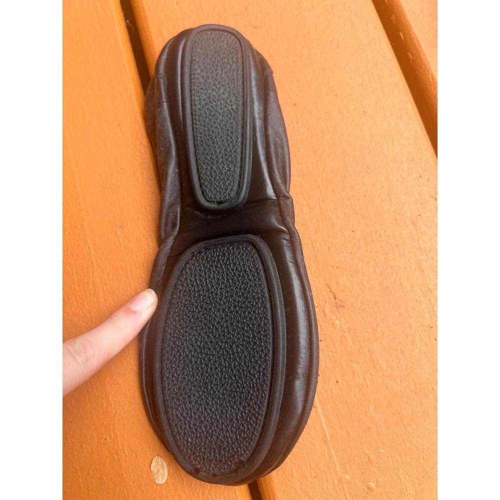 Black Leather Foldable Travel Ballet Flats with Drawstring Pouch Womens Size 6